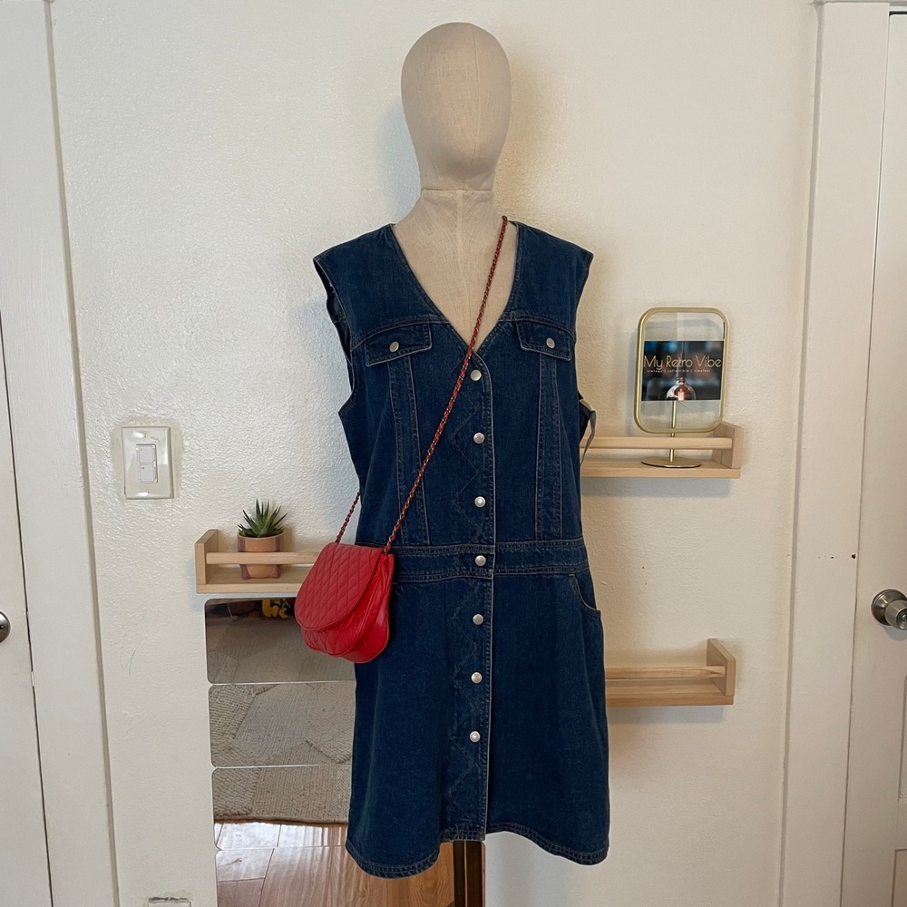 Vintage Crazy Horse Denim Midi Jumper Dress NWT Dark Wash Cotton Large
